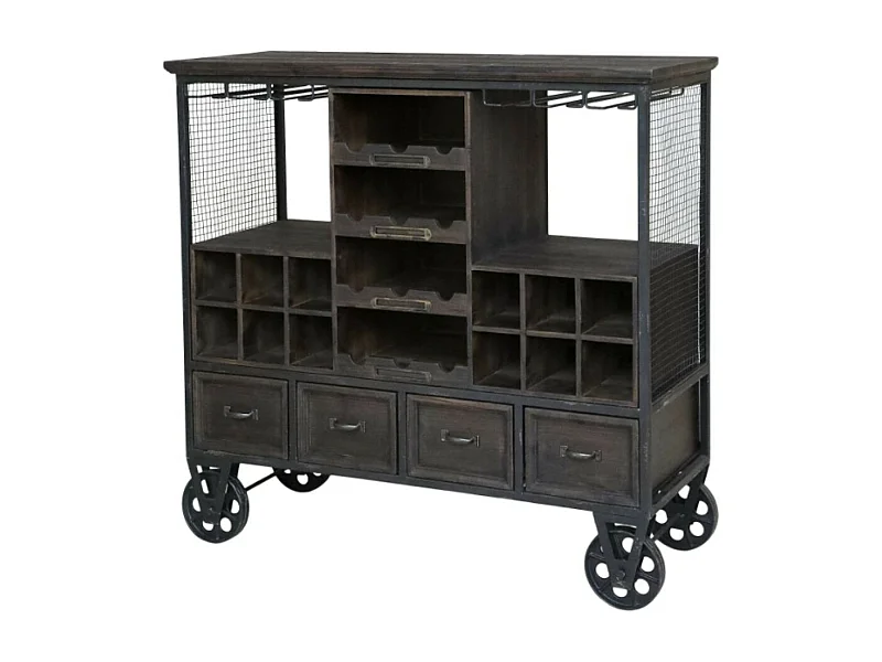 Chariot de bar desserte en bois marron et fer bleu 94 x 37 x 91 cm