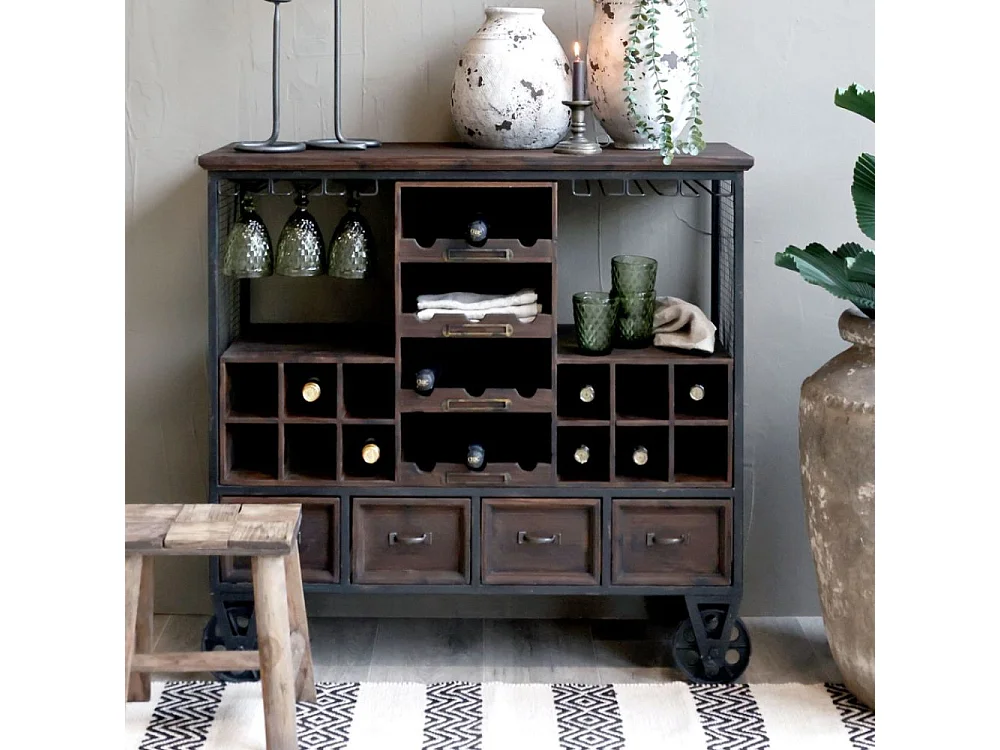 Chariot de bar desserte en bois marron et fer bleu 94 x 37 x 91 cm