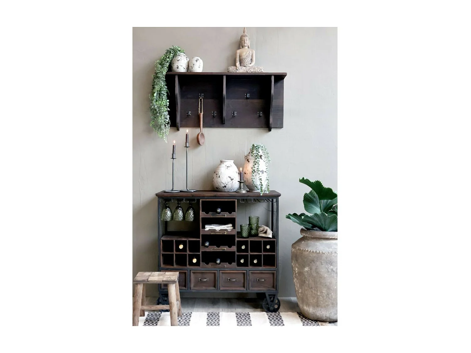 Chariot de bar desserte en bois marron et fer bleu 94 x 37 x 91 cm