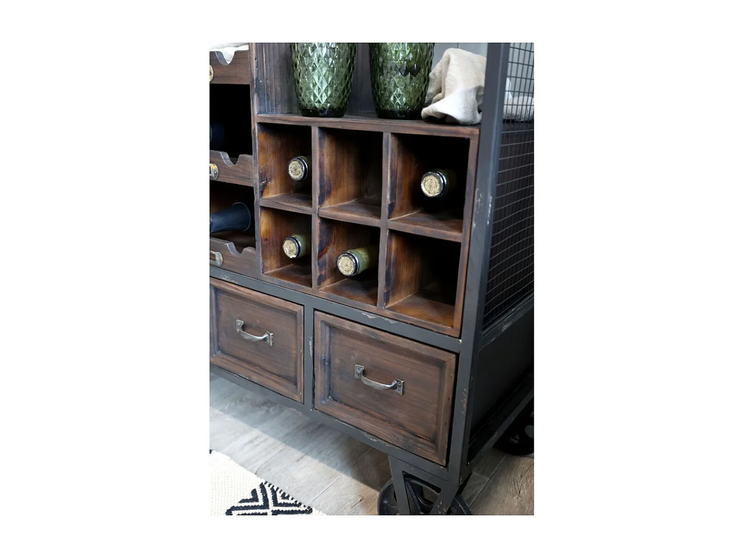 Chariot de bar desserte en bois marron et fer bleu 94 x 37 x 91 cm