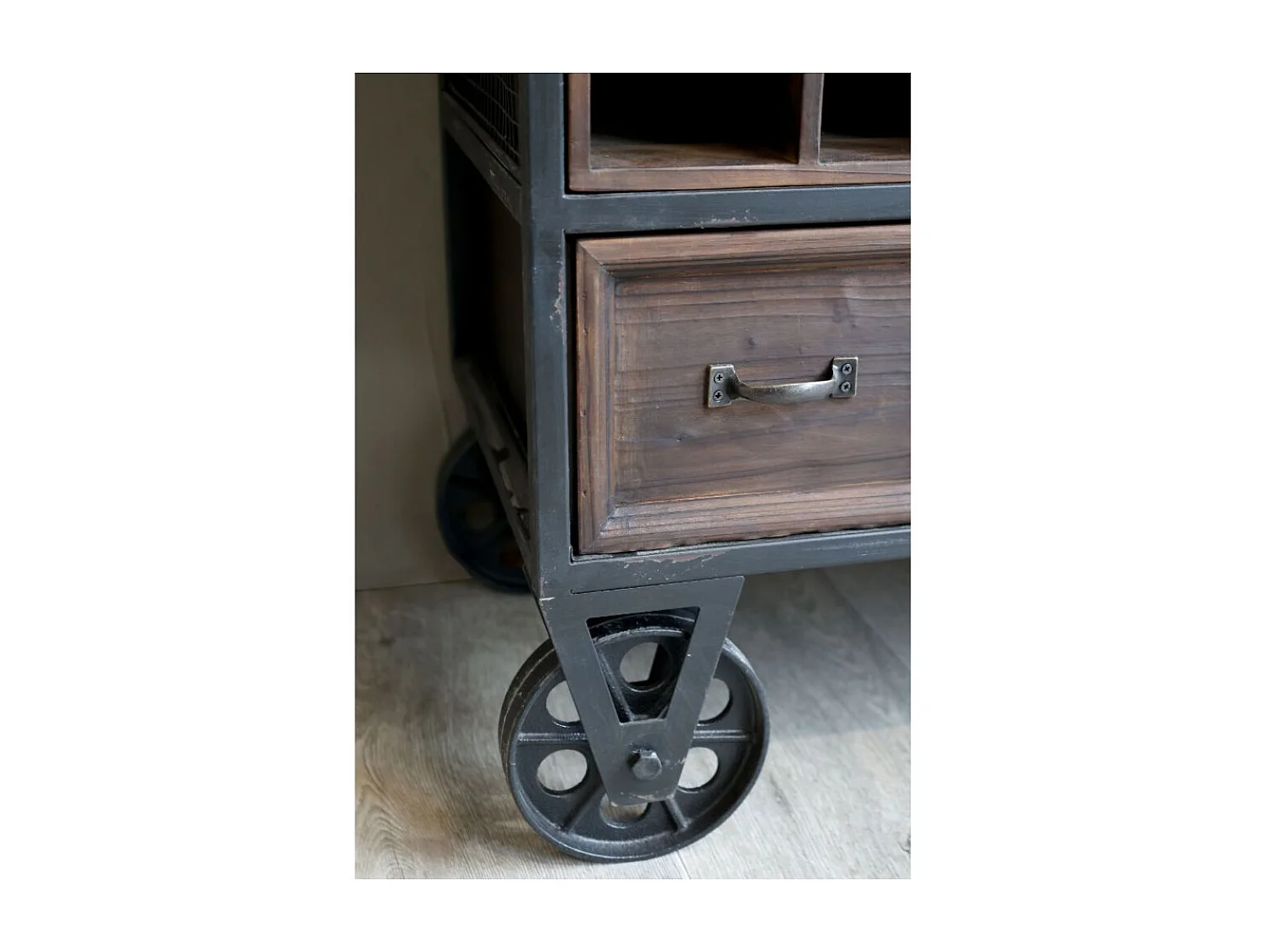 Chariot de bar desserte en bois marron et fer bleu 94 x 37 x 91 cm