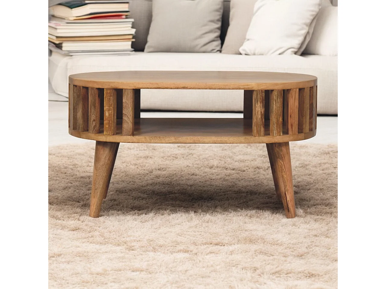 Table basse Mini Ariella en bois massif, 1 compartiment ouvert, marron