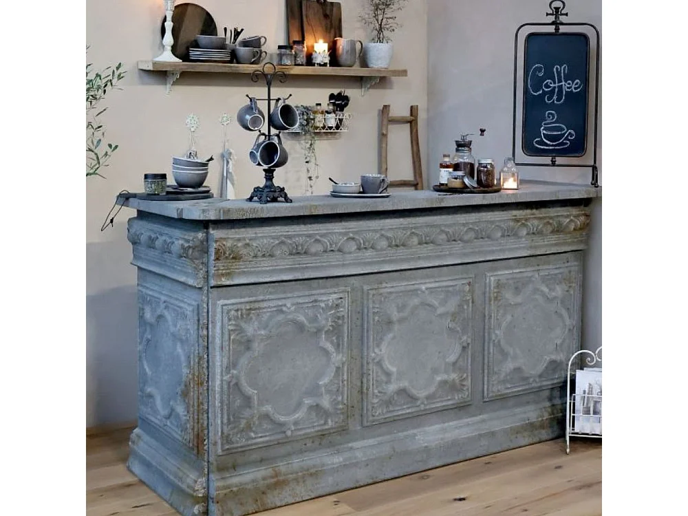 Comptoir vintage avec étagère en fer gris antique 217 x 76 x 118 cm