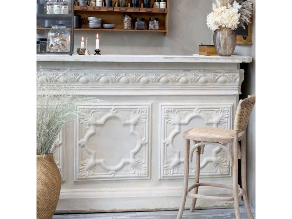 Comptoir vintage avec étagère en fer blanc crème 217 x 76 x 118 cm