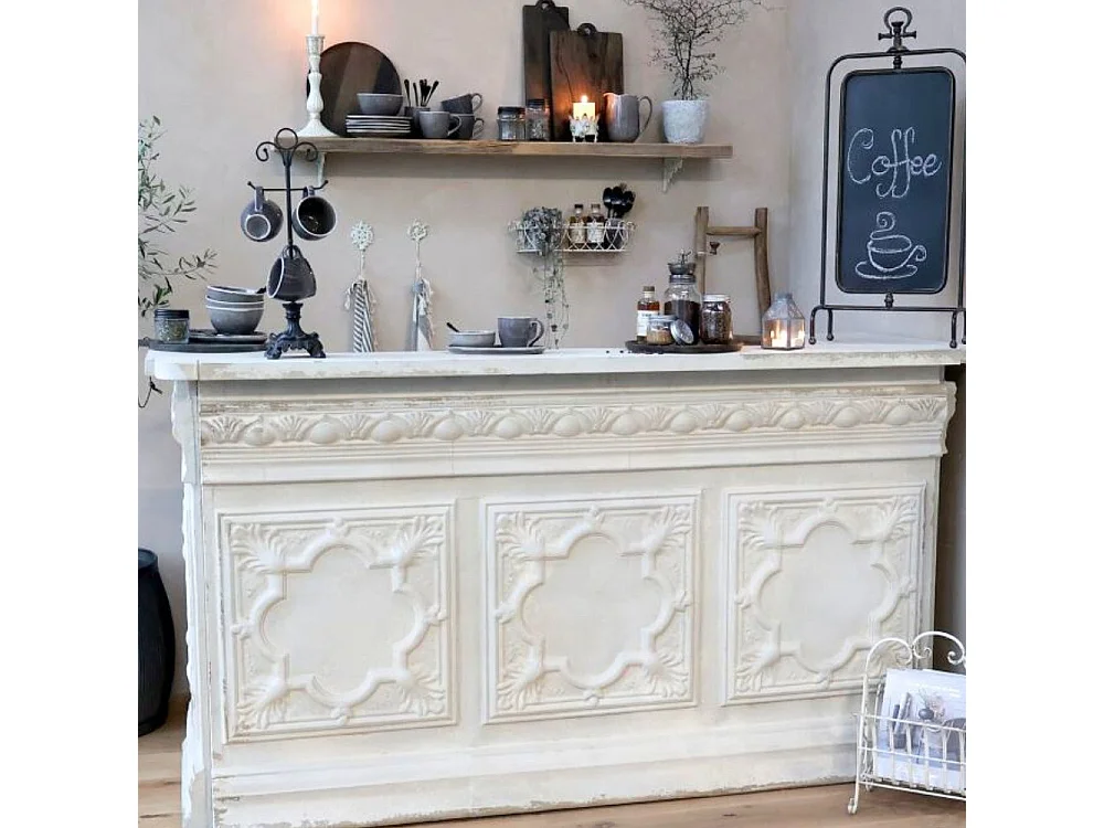 Comptoir vintage avec étagère en fer blanc crème 217 x 76 x 118 cm