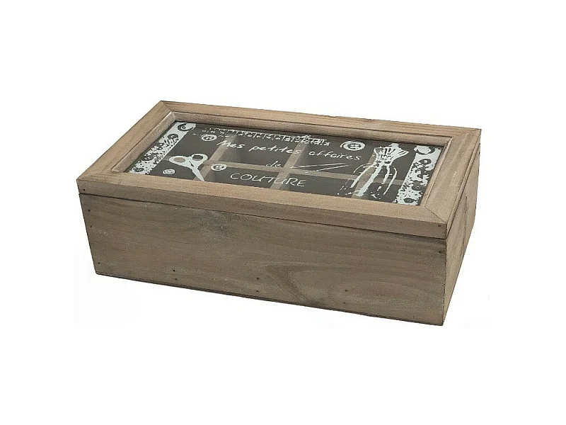 Boîte de rangement coffret à couture mercerie vitrée bois marron 34cm
