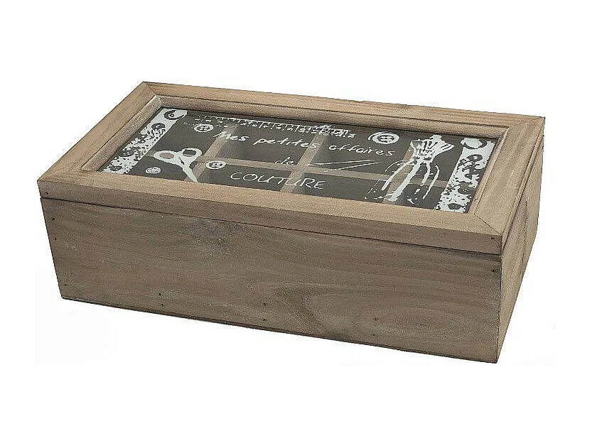 Boîte de rangement coffret à couture mercerie vitrée bois marron 34cm