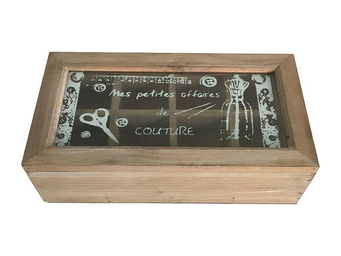 Boîte de rangement coffret à couture mercerie vitrée bois marron 34cm
