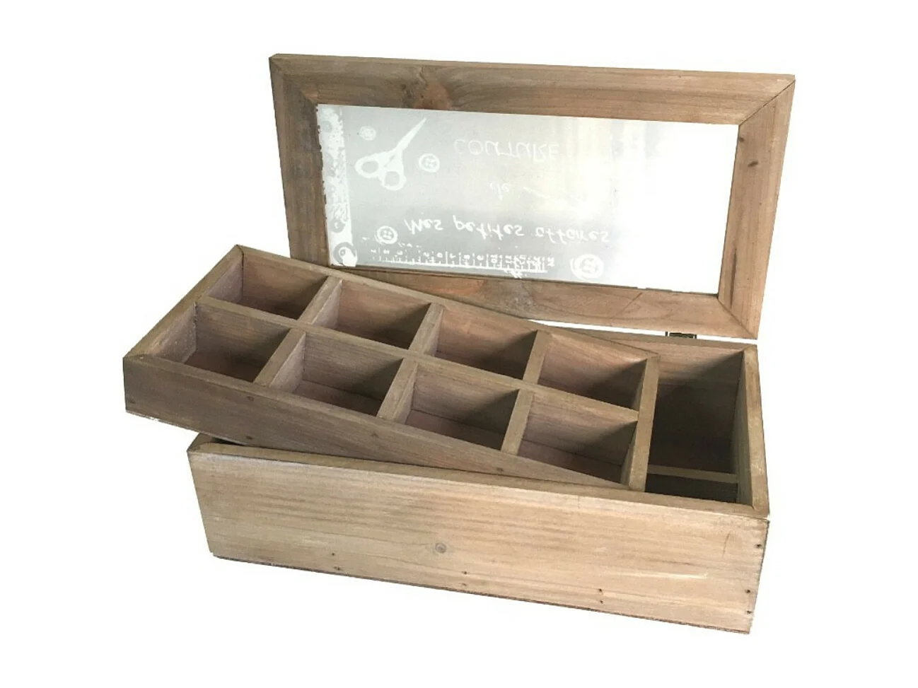 Boîte de rangement coffret à couture mercerie vitrée bois marron 34cm