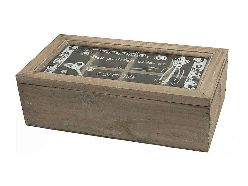Boîte de rangement coffret à couture mercerie vitrée bois marron 34cm