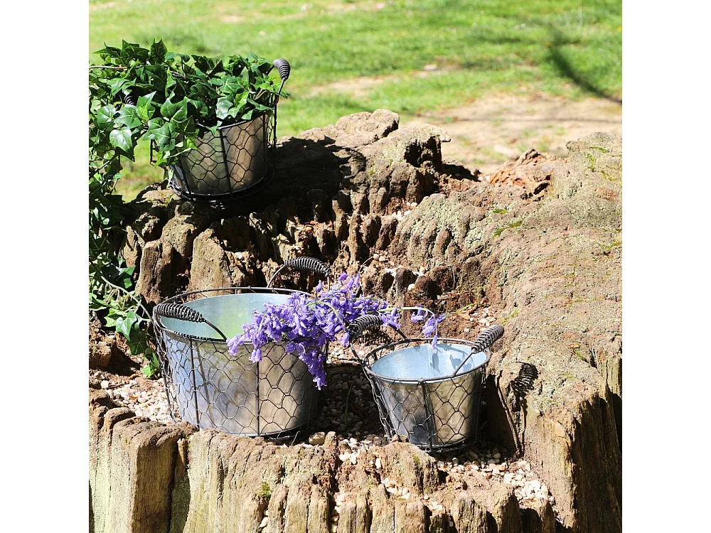 Set3 paniers jardinière jardin extérieur pot fleur métal gris 15-19-23cm