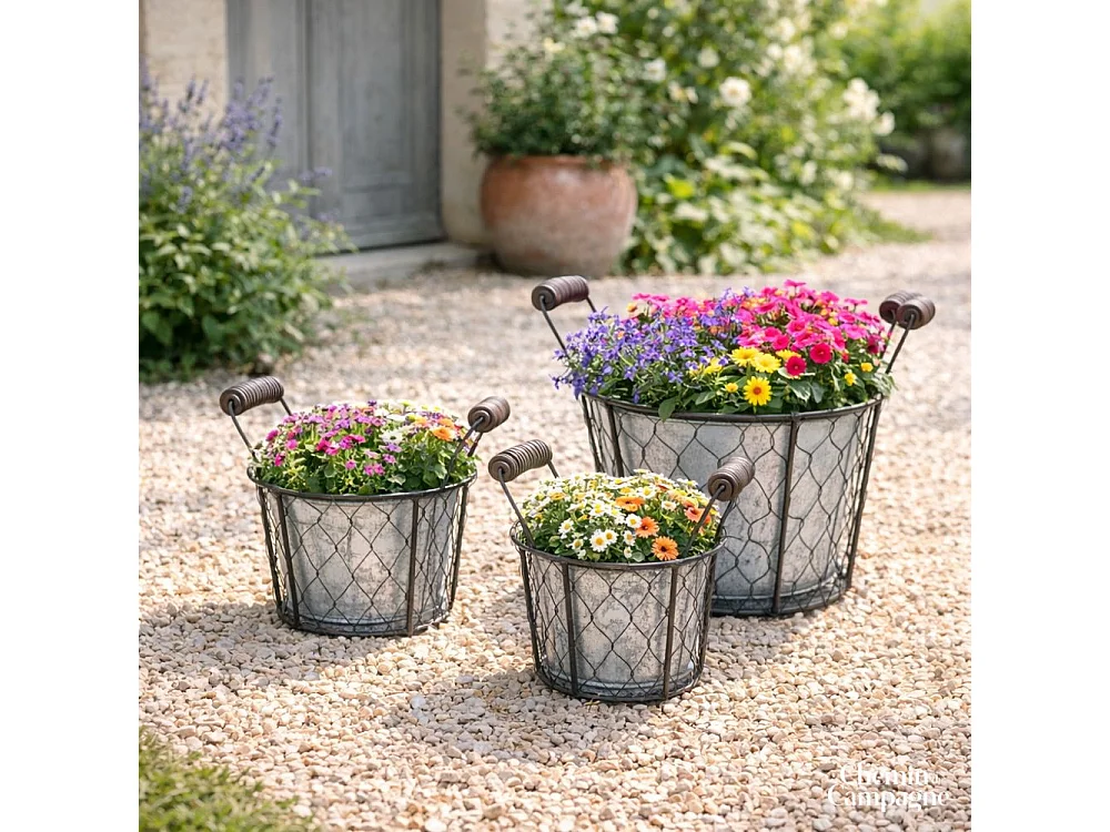 Set3 paniers jardinière jardin extérieur pot fleur métal gris 15-19-23cm