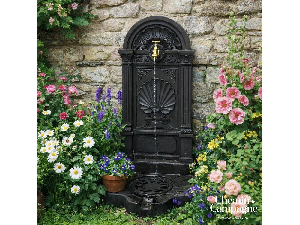 Fontaine de jardin extérieur fonte aluminium noire coquillage 84cm