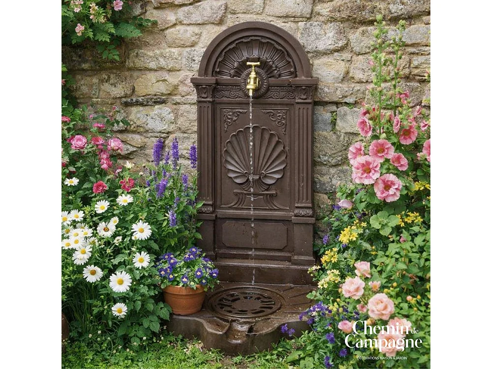 Fontaine de jardin extérieur fonte aluminium marron coquillage 84cm