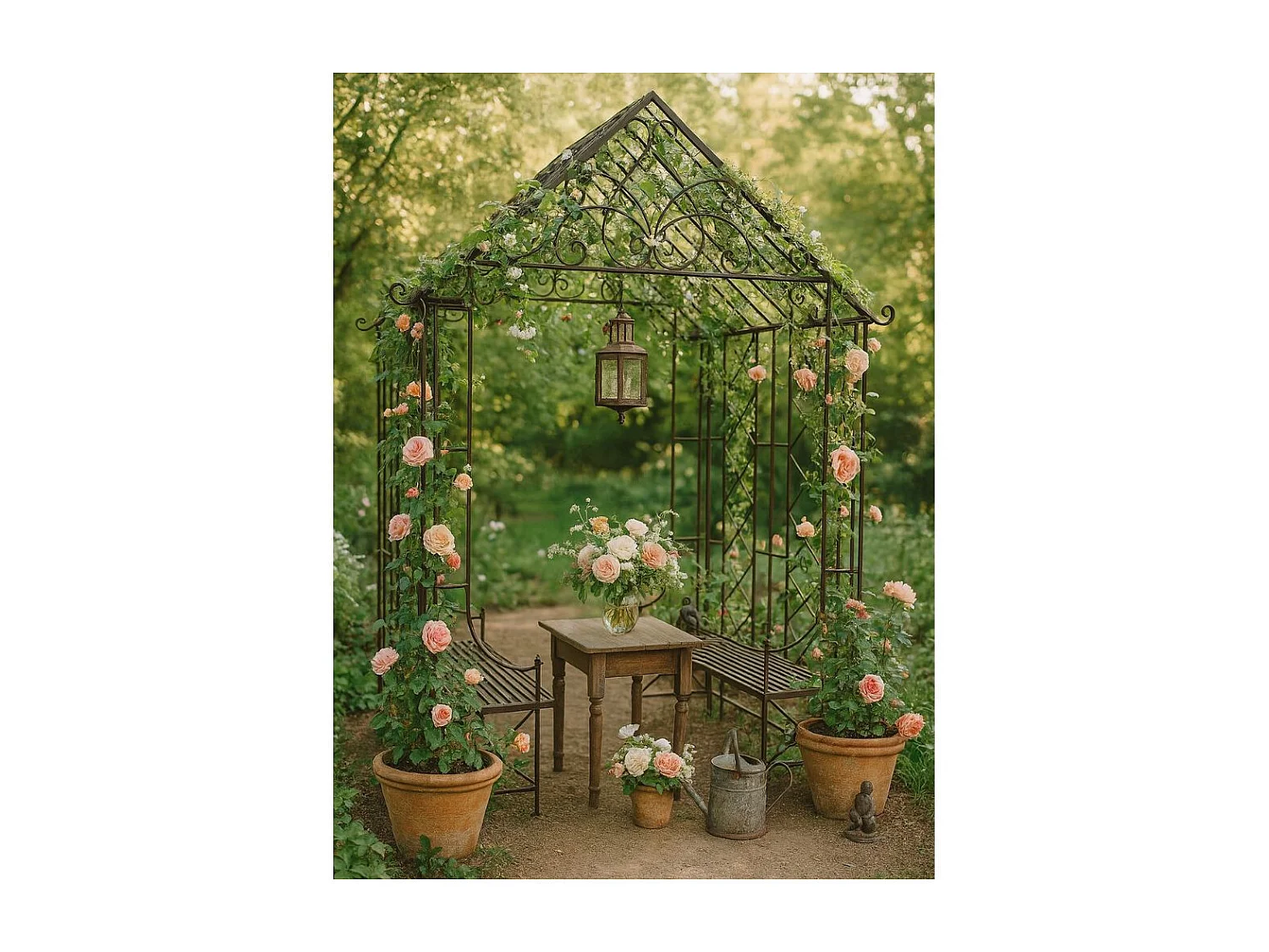 Gloriette kiosque maison abri banc jardin fer marron 200x114x270 cm