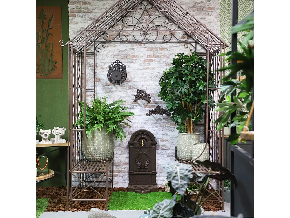 Gloriette kiosque maison abri banc jardin fer marron 200x114x270 cm