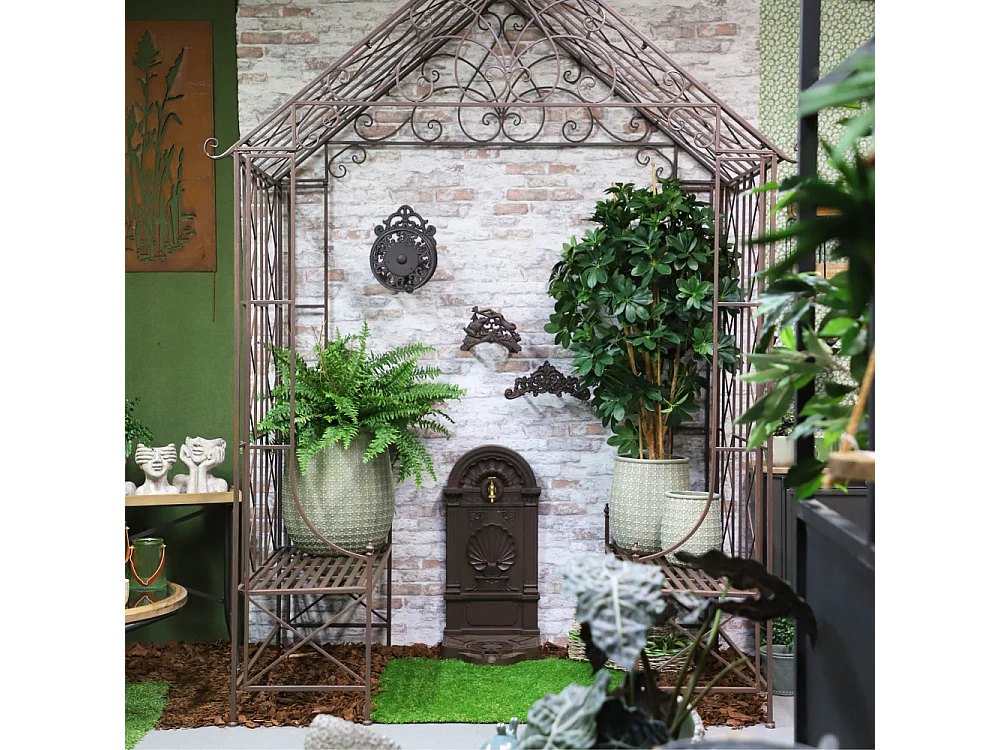 Gloriette kiosque maison abri banc jardin fer marron 200x114x270 cm