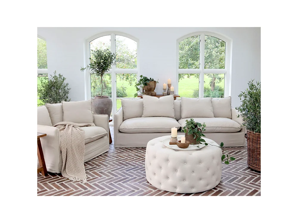 Pouffe fauteuil en lin beige antique Ø.90 x Ht.40 cm