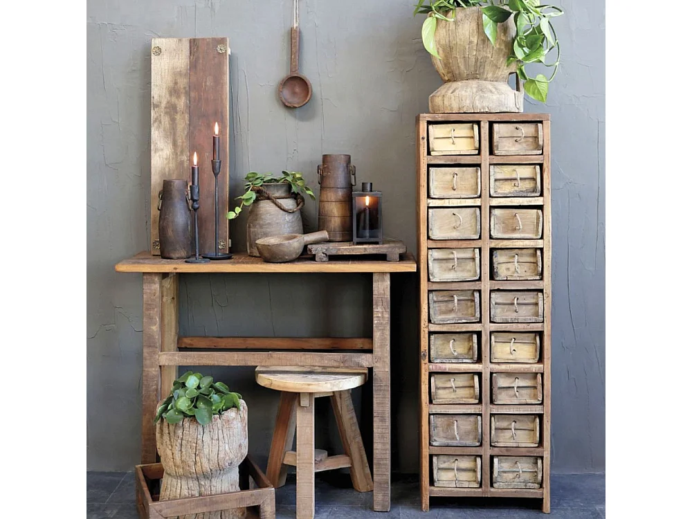 Commode 18 tiroirs en bois recyclé antique marron 39 x 34 x 122 cm