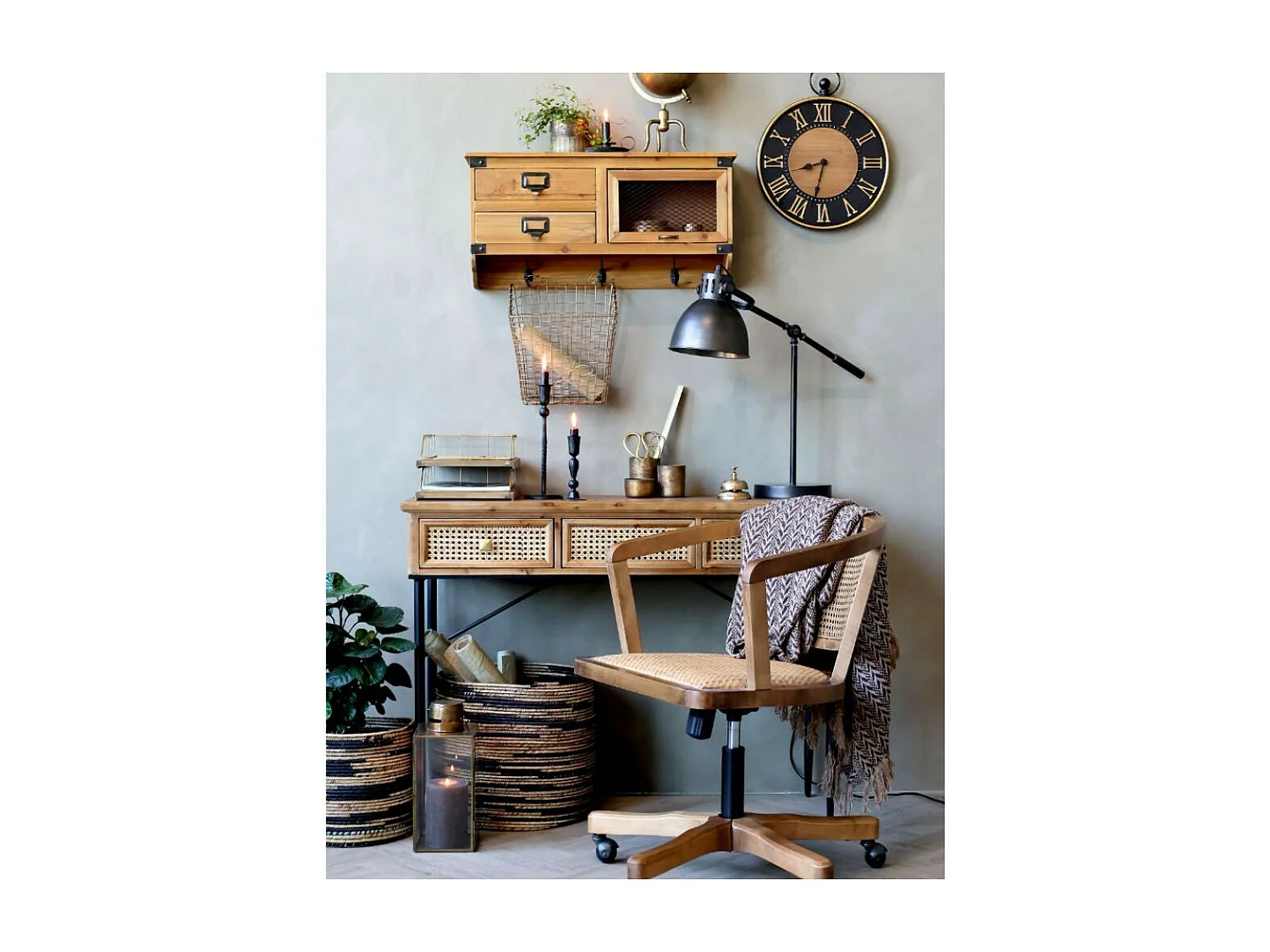 Chaise de bureau en bois de bouleau et rotin 60 x 60 x 80 cm