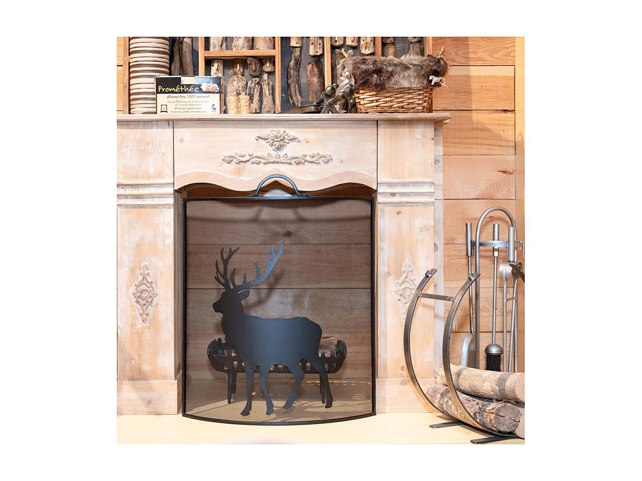 Pare-feu cheminée en métal noir avec décor Cerf – Élégance et sécurité
