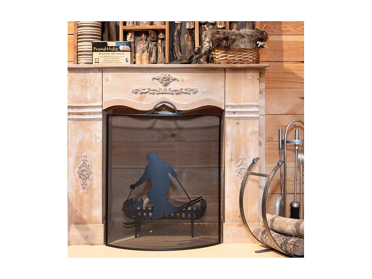Pare-feu cheminée en métal noir décor Skieur – Style montagnard et moderne