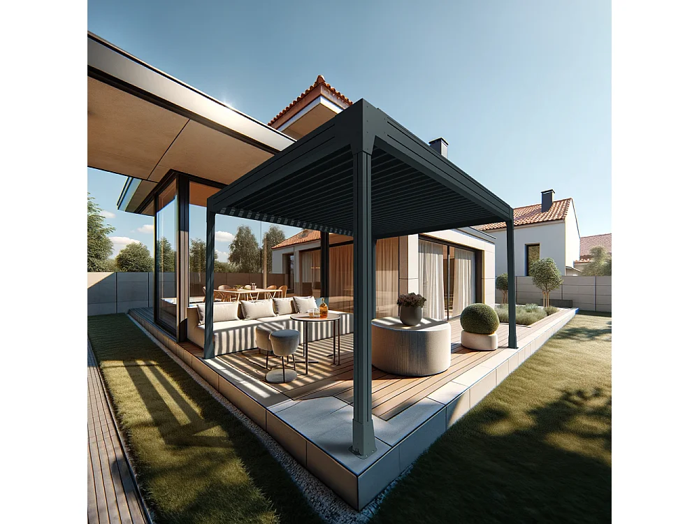 Pergola bioclimatique HELY îlot 4,00x6,029m Vérin à télécommande (Gris anthracite)