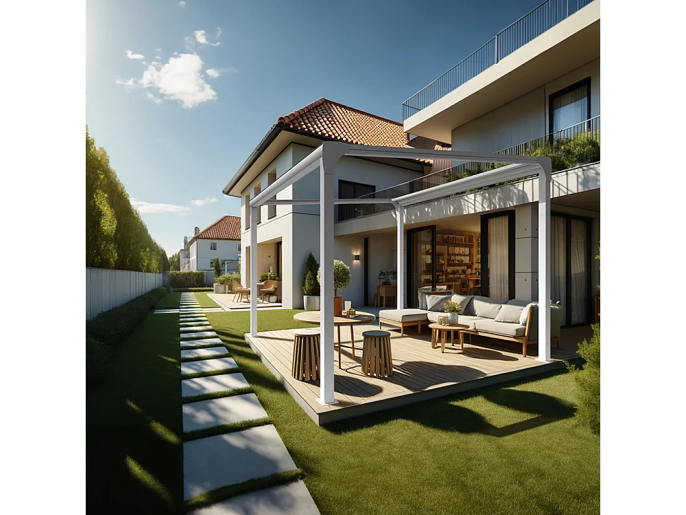 Pergola toile TILA îlot 4,00x3,00m Motorisé à télécommande + manœuvre de secours (Ecru - Blanc)