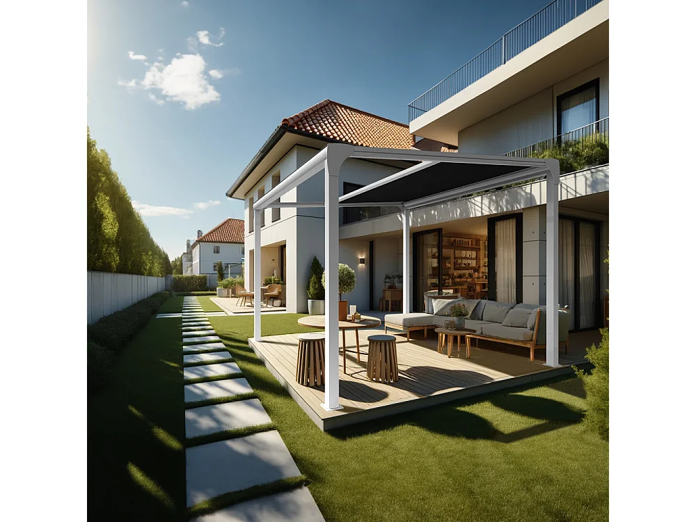 Pergola toile TILA îlot 3,00x3,00m Motorisé à télécommande + manœuvre de secours (Noir - Blanc)