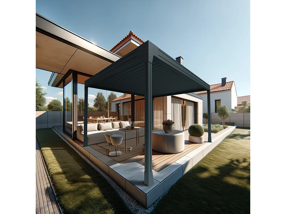 Pergola bioclimatique HELY îlot 4,50x6,029m Vérin à télécommande (Gris anthracite)