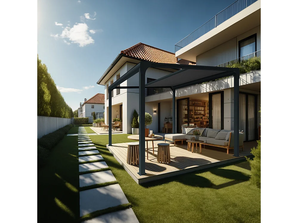 Pergola toile TILA îlot 3,50x3,50m Motorisé à télécommande + manœuvre de secours (Gris Graphite - Gris anthracite)