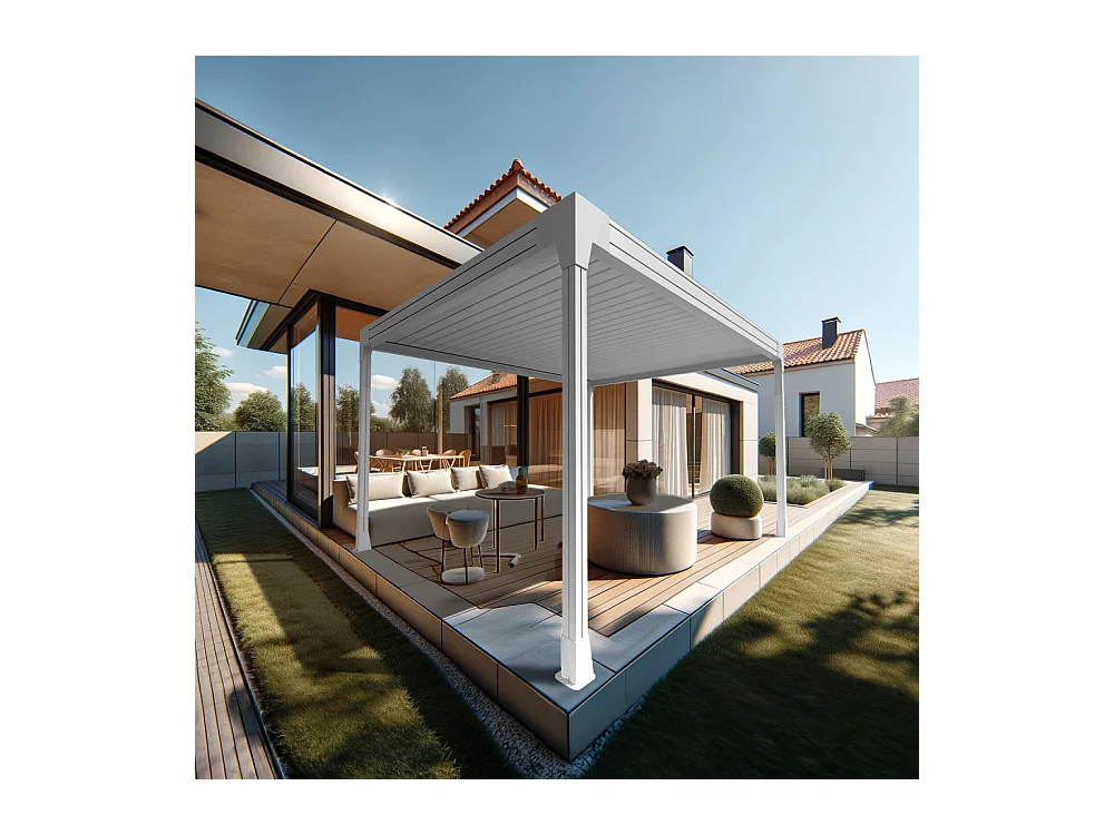 Pergola bioclimatique HELY îlot 4,00x3,054m Vérin à télécommande (Blanc)