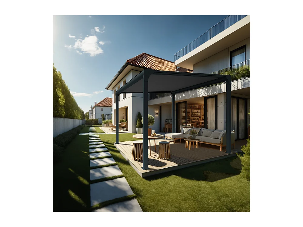 Pergola toile TILA îlot 4,00x3,50m Motorisé à télécommande + manœuvre de secours (Gris Graphite - Gris anthracite)