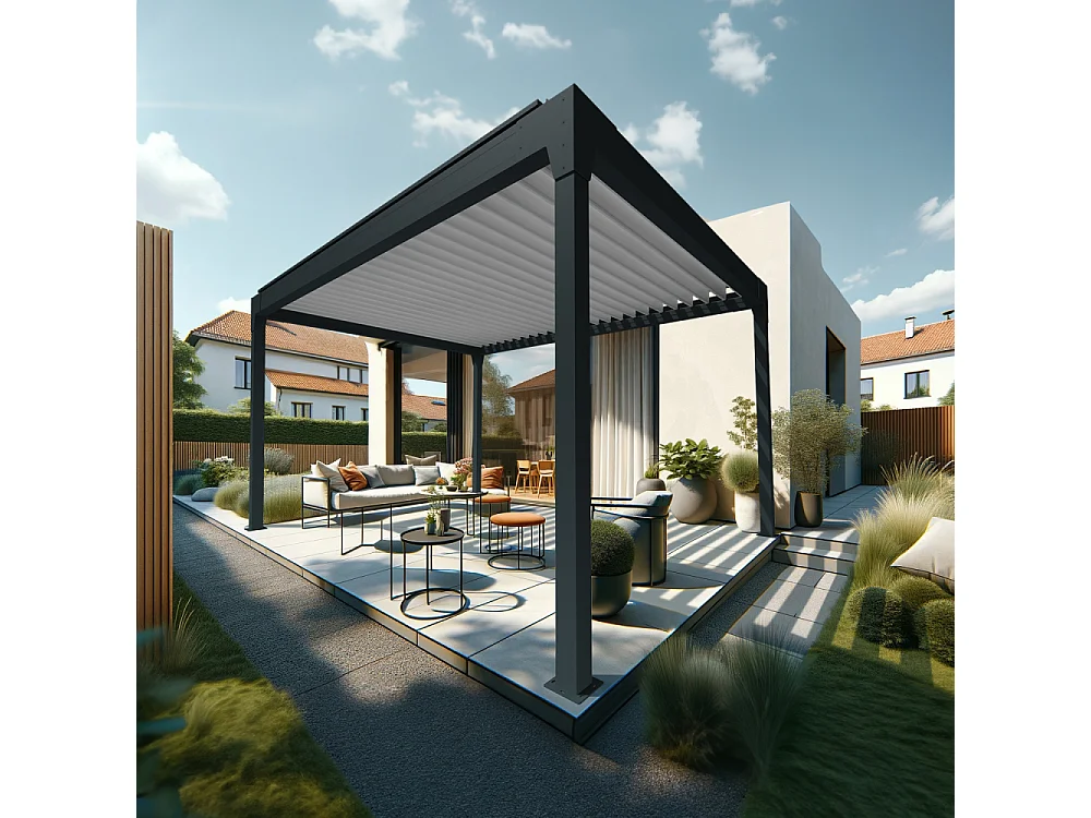Pergola Bioclimatique AVANOA îlot 4,00x4,588 M Vérin à Télécommande (Gris anthracite / Blanc)