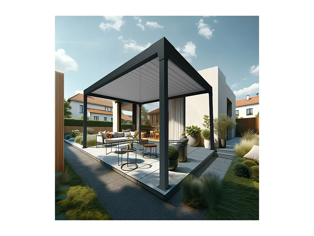 Pergola Bioclimatique AVANOA îlot 4,00x4,588 M Vérin à Télécommande (Gris anthracite / Blanc)