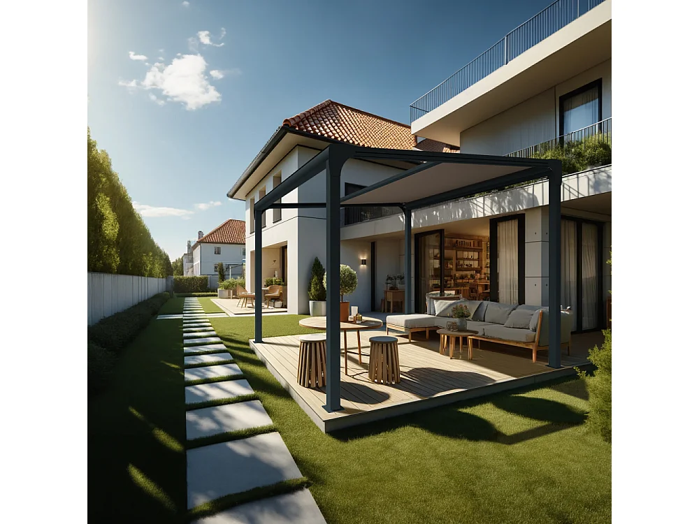 Pergola toile TILA îlot 4,00x3,50m Motorisé à télécommande + manœuvre de secours (Taupe - Gris anthracite)