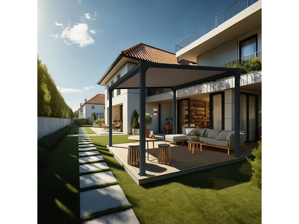 Pergola toile TILA îlot 4,00x3,50m Motorisé à télécommande + manœuvre de secours (Taupe - Gris anthracite)