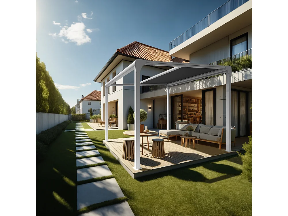 Pergola toile TILA îlot 3,50x3,50m Motorisé à télécommande + manœuvre de secours (Gris Graphite - Blanc)