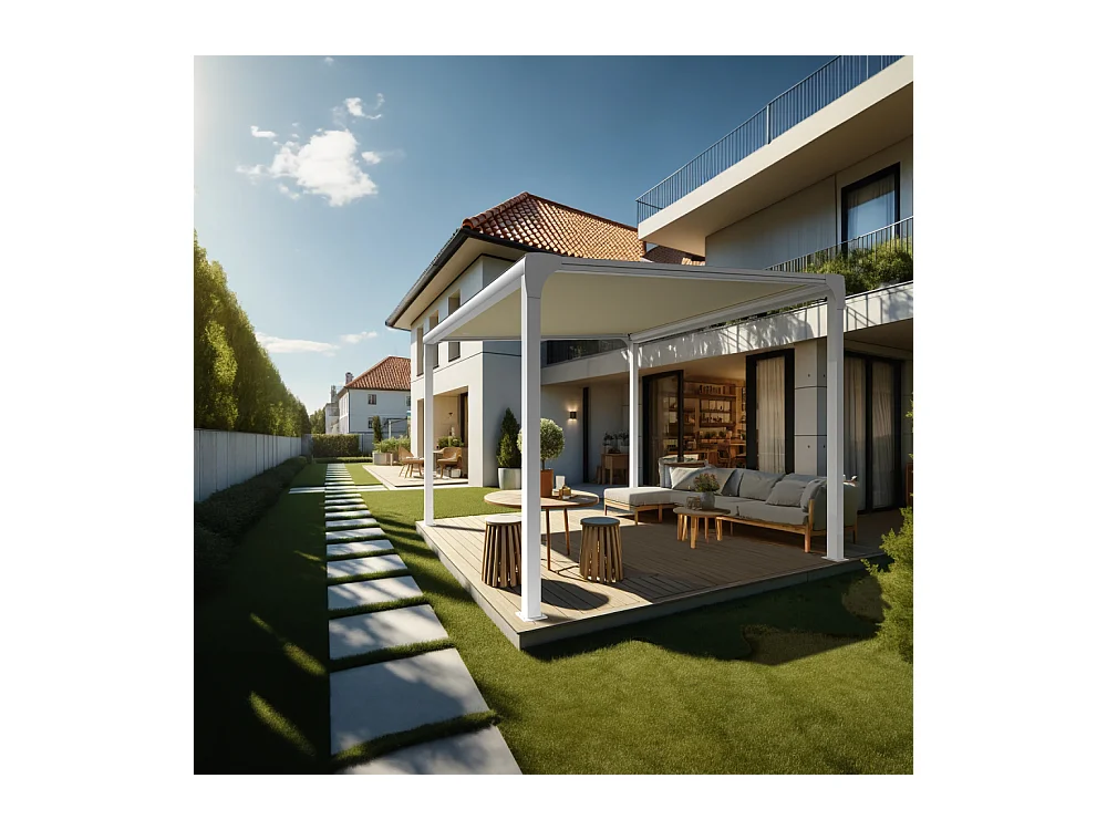 Pergola toile TILA îlot 4,00x4,00m Motorisé à télécommande + manœuvre de secours (Ecru - Blanc)