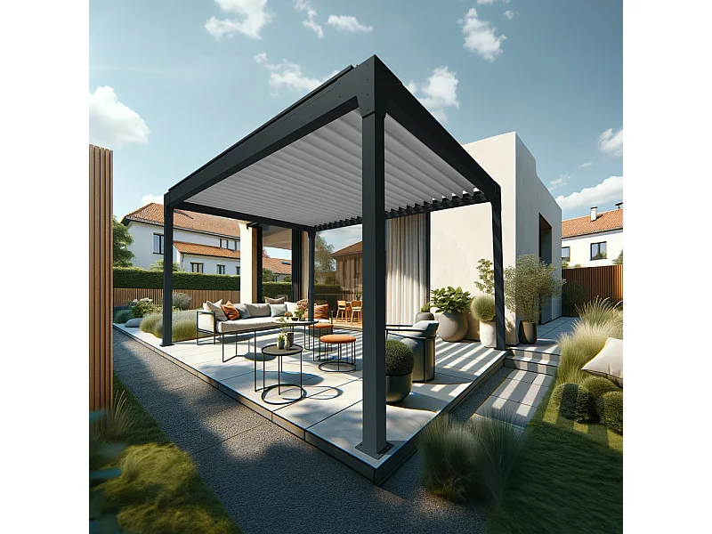 Pergola Bioclimatique AVANOA îlot 4,00x4,063 M Vérin à Télécommande (Gris anthracite / Blanc)