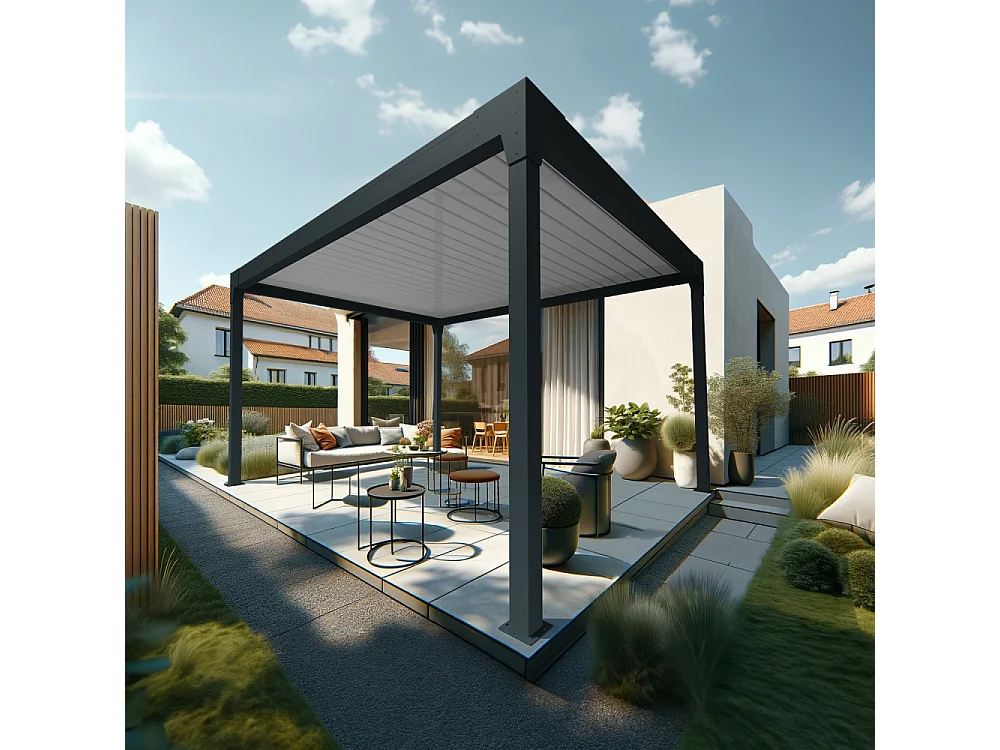 Pergola Bioclimatique AVANOA îlot 4,00x4,063 M Vérin à Télécommande (Gris anthracite / Blanc)