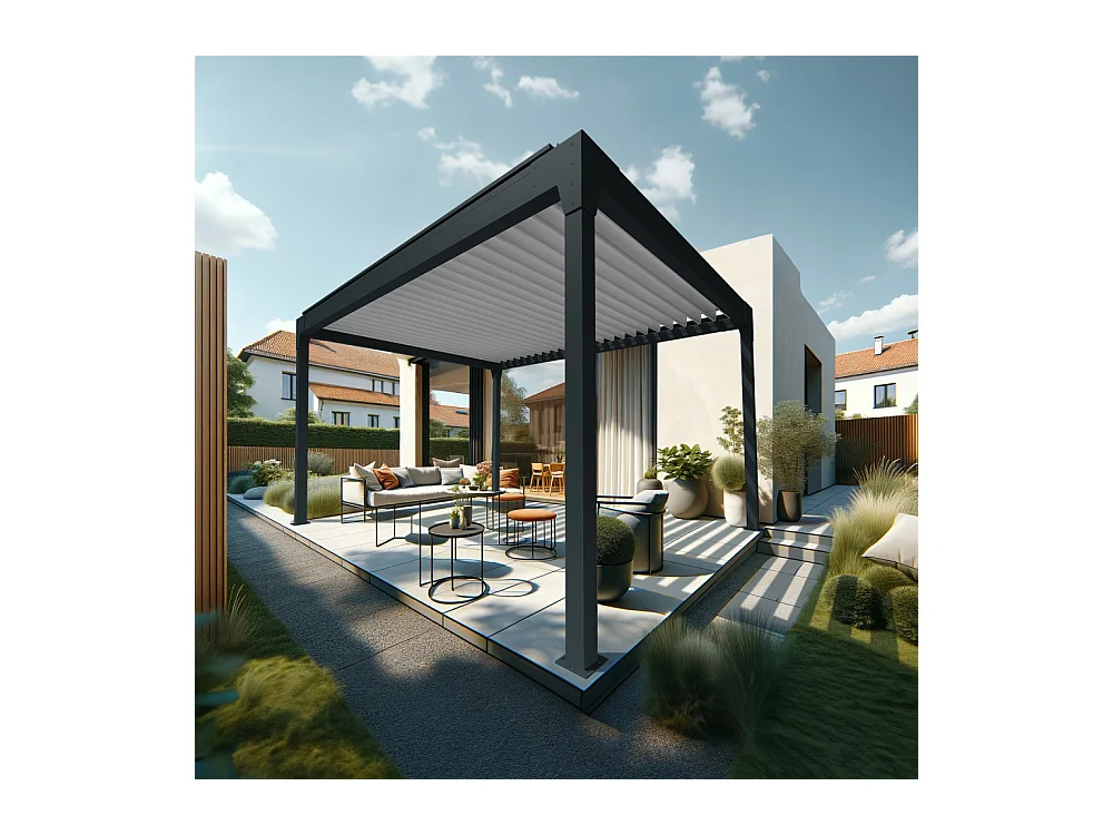 Pergola Bioclimatique AVANOA îlot 4,00x4,063 M Vérin à Télécommande (Gris anthracite / Blanc)