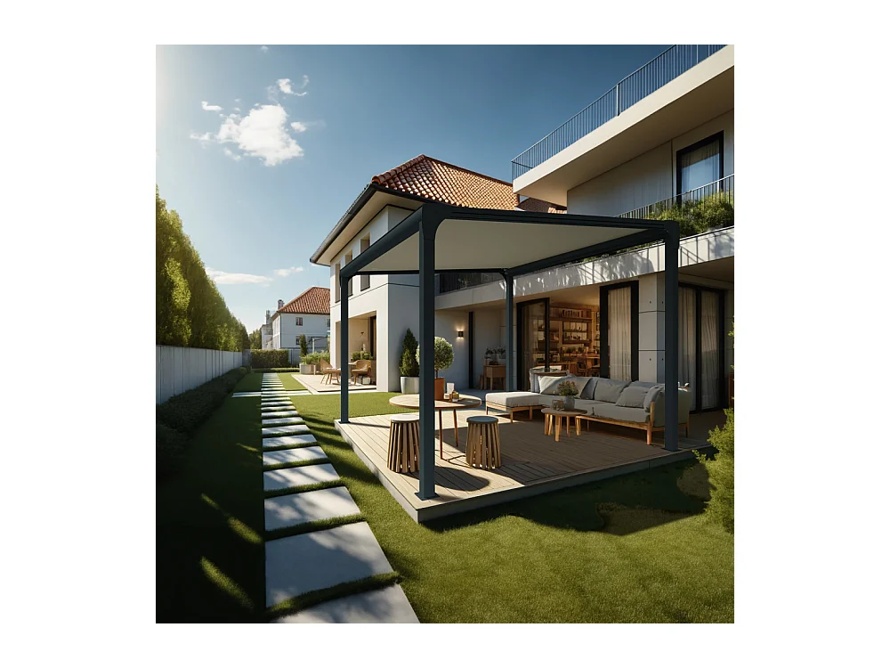 Pergola toile TILA îlot 4,00x3,00m Motorisé à télécommande + manœuvre de secours (Ecru - Gris anthracite)
