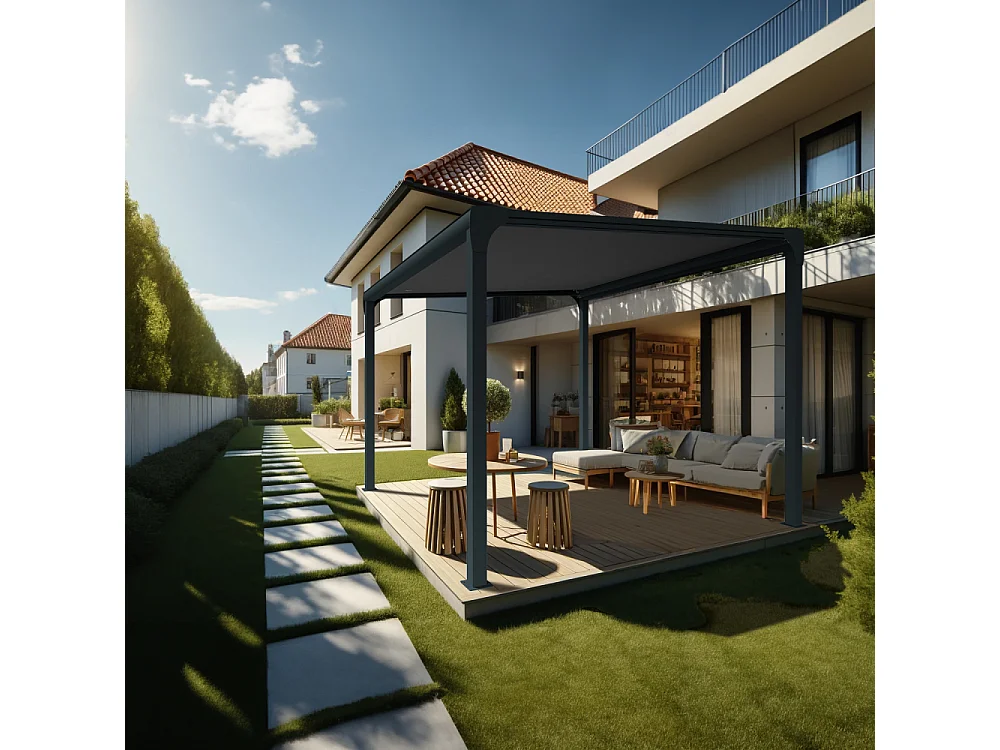 Pergola toile TILA îlot 4,00x4,00m Motorisé à télécommande + manœuvre de secours (Gris Graphite - Gris anthracite)