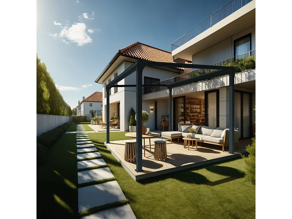 Pergola toile TILA îlot 4,00x4,00m Motorisé à télécommande + manœuvre de secours (Gris Graphite - Gris anthracite)