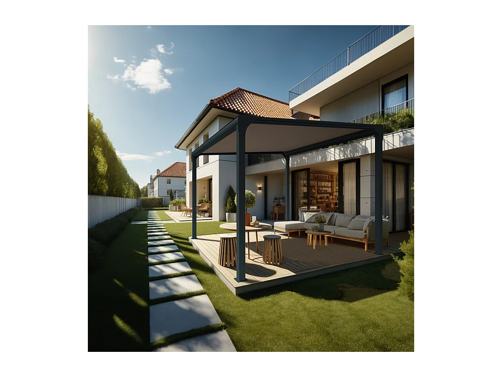 Pergola toile TILA îlot 4,00x3,00m Motorisé à télécommande + manœuvre de secours (Taupe - Gris anthracite)