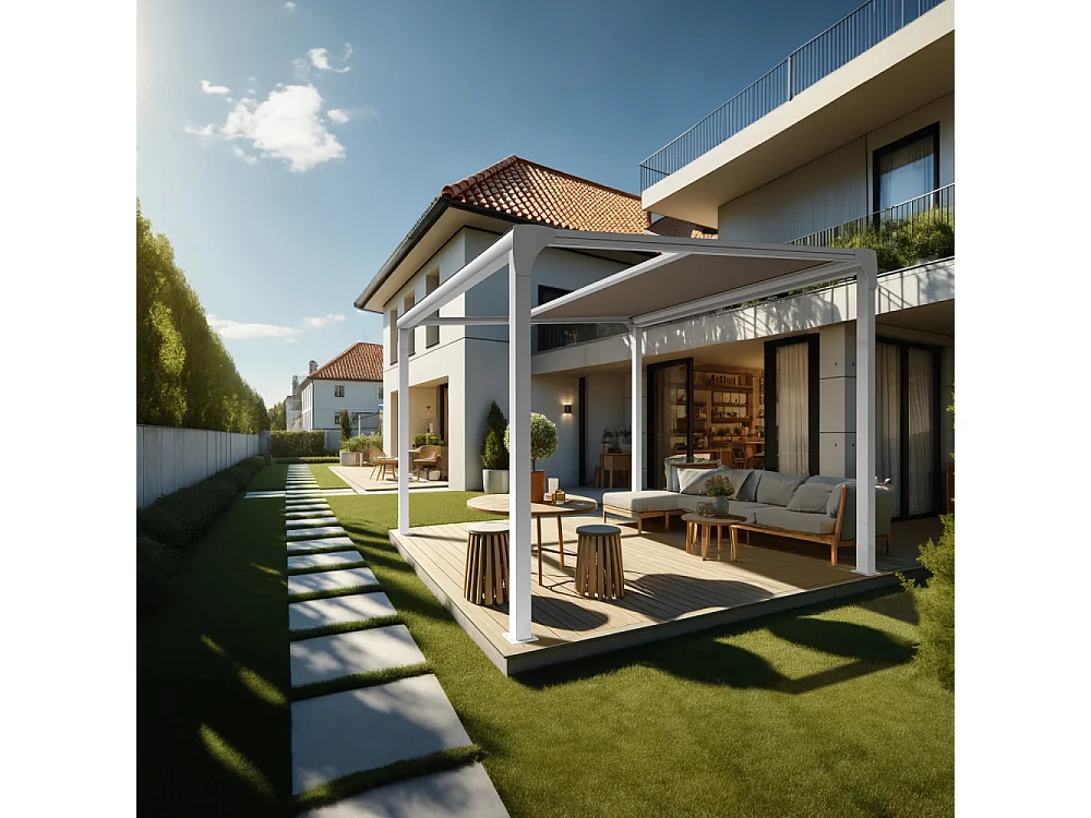 Pergola toile TILA îlot 3,50x3,00m Motorisé à télécommande + manœuvre de secours (Taupe - Blanc)