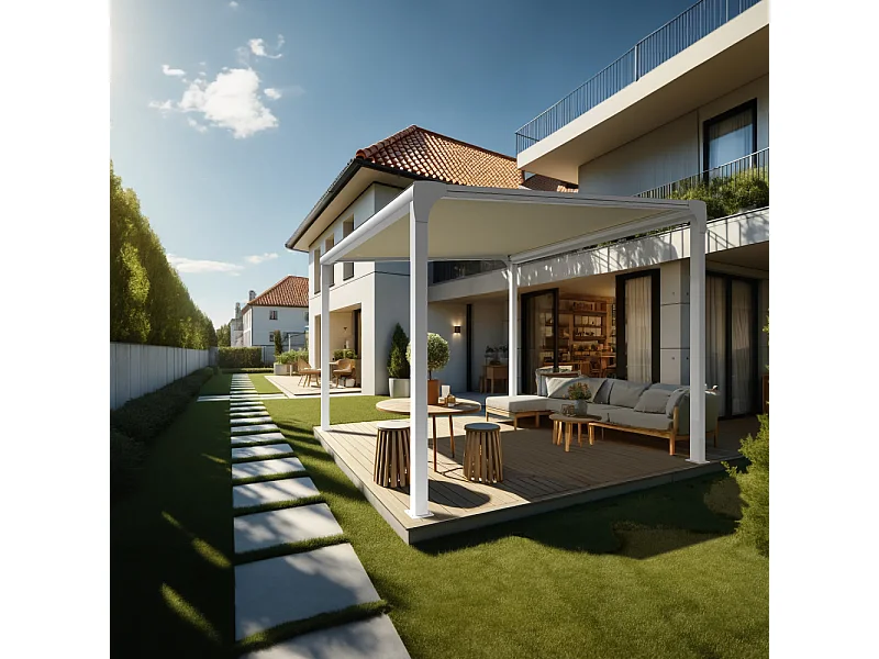 Pergola toile TILA îlot 3,50x3,00m Motorisé à télécommande + manœuvre de secours (Ecru - Blanc)