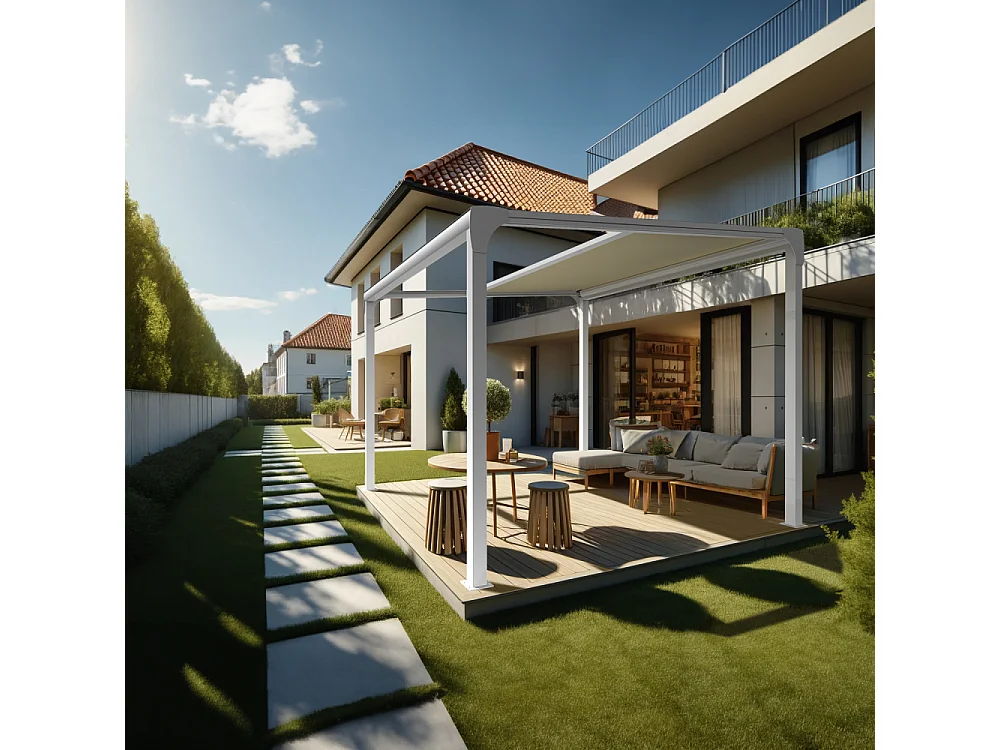 Pergola toile TILA îlot 3,50x3,00m Motorisé à télécommande + manœuvre de secours (Ecru - Blanc)