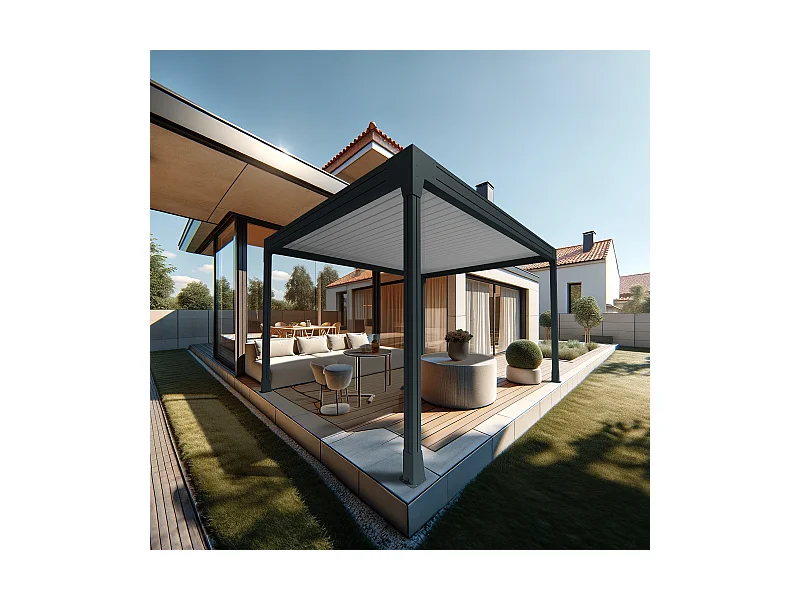 Pergola bioclimatique HELY îlot 4,00x5,154m Vérin à télécommande (Gris anthracite / Blanc)